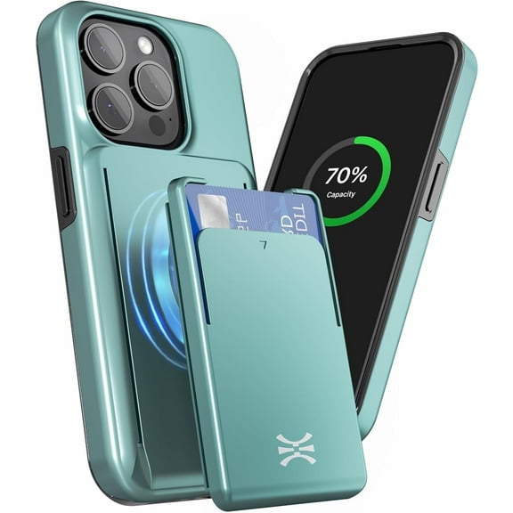 TORU MX PRO for iPhone 15 Pro Slim Hard Wallet Case | Dual Layer Protective Shockproof Cover with Built-in Magnets for MagSafe Compatible | Detachable Sliding Card Holder for 3 Cards - Green