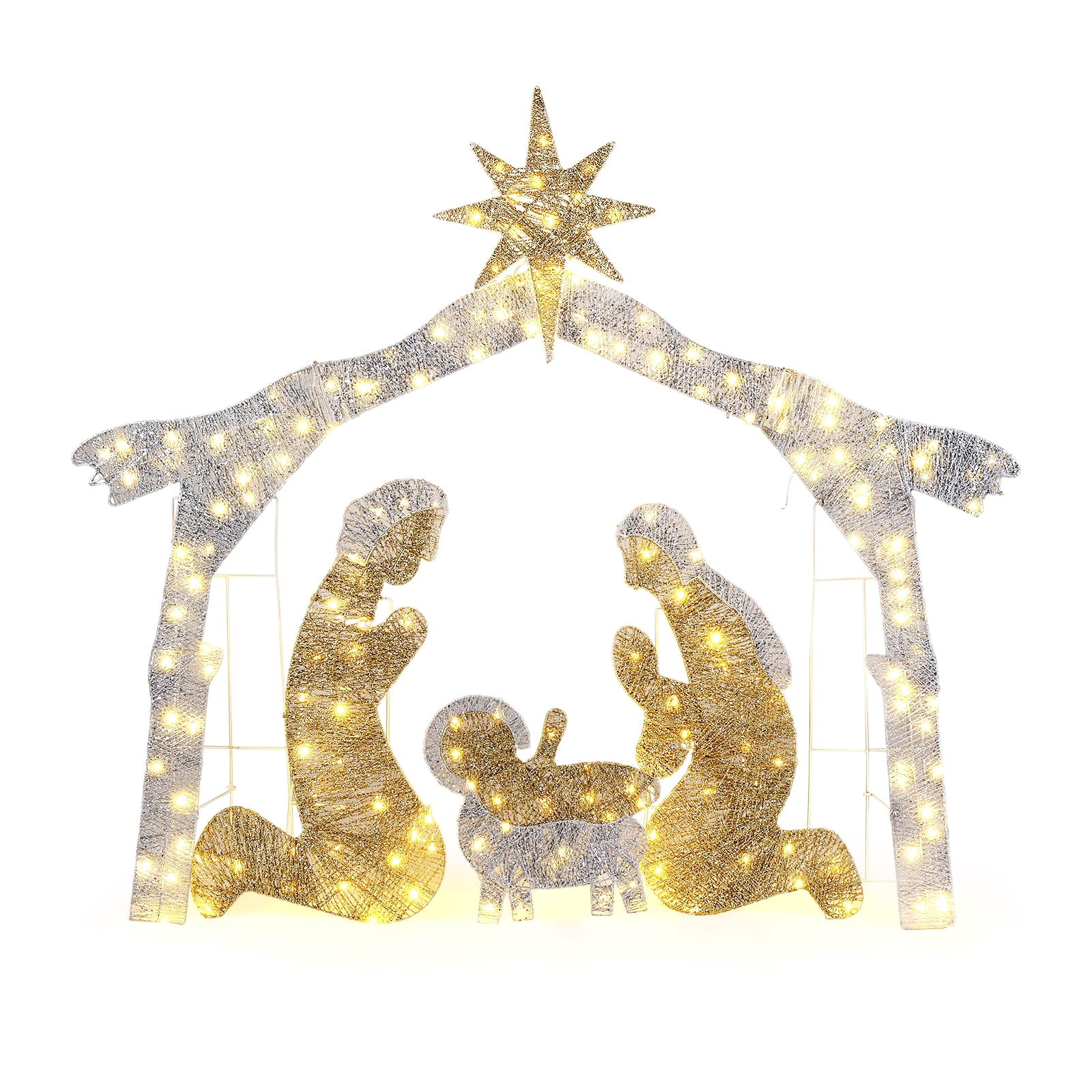 6ft Christmas Nativity Scene Decoration Silver Roof with 190 LED Lights Durable Garden Jesus Mary Joseph Set Easy-Install Reusable Outdoor Holiday Decor