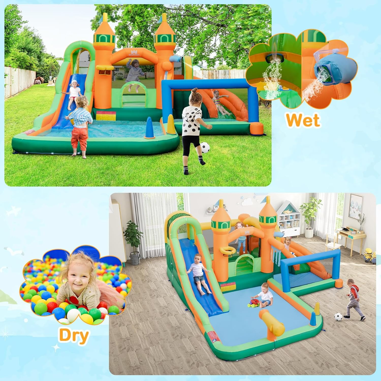 OLAKIDS Inflatable Water Slide, 9 in 1 Bounce House Water Park with Soccer Gate 2 Slides Splash Pool Water Blaster Basketball Rim, Outdoor Inflatable Obstacle Course for Kids Backyard (Without 735W)