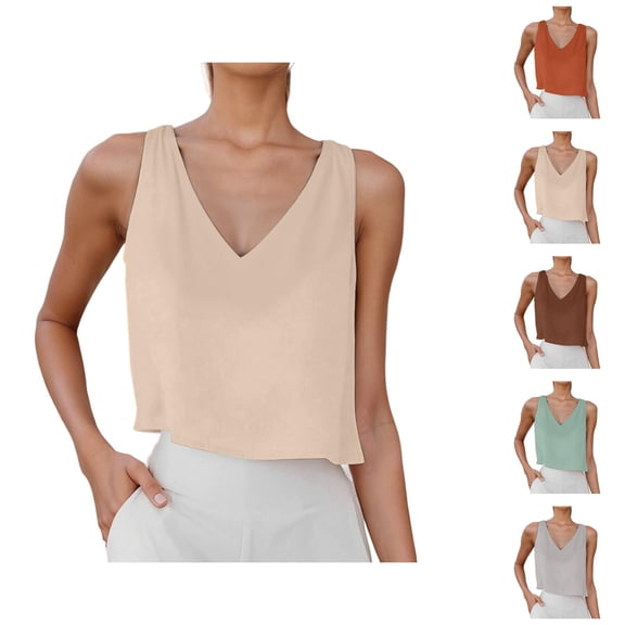 Crop Tank Tops for Women Cotton Linen Lightweight Breathable V Neck Casual Plain Sleeveless Shirt Summer Outfits