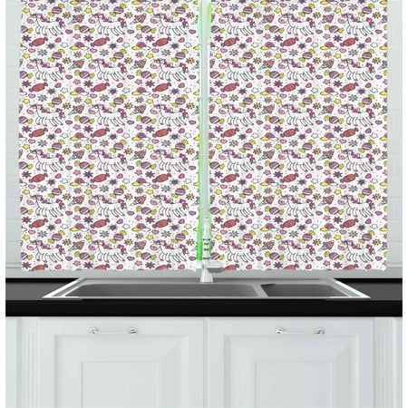 Kids Lilac Curtains Kids Curtains 2 Panels Set, Cute Childish Unicorn Motif with Ice Cream Candies Stars Hearts Playroom Design, Window Drapes for Living Room Bedroom, 55W X 39L Inches, Lilac Pink Yellow, by Ambesonne ()