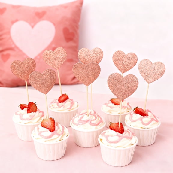 Valentine's Day Cake Toppers, Glitter Heart Flags, Paper Party Decorations, 20 Pack Assorted Designs For Desserts And Celebrations