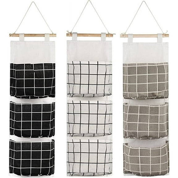 Wall Closet Hanging Storage Bag, Linen Fabric Over The Door Organizer, Hanging Storage Pouches with 3 Pockets for Bedroom Bathroom Waterproof