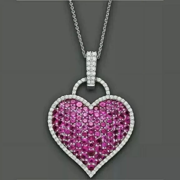 2 Ct Round Cut Lab Created Pink Ruby Cluster Heart Pendant 14K White Gold Plated