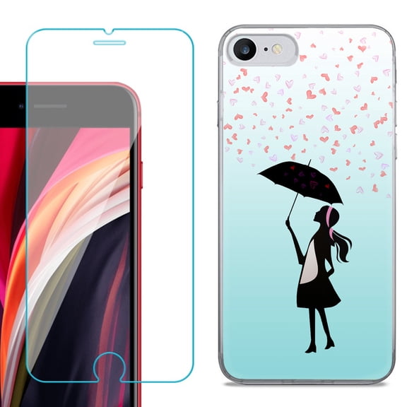 Slim-Fit Fashion Gel Phone Case for iPhone SE 2022, with Tempered Glass Screen Protector, by OneToughShield ® - Rain/Hearts