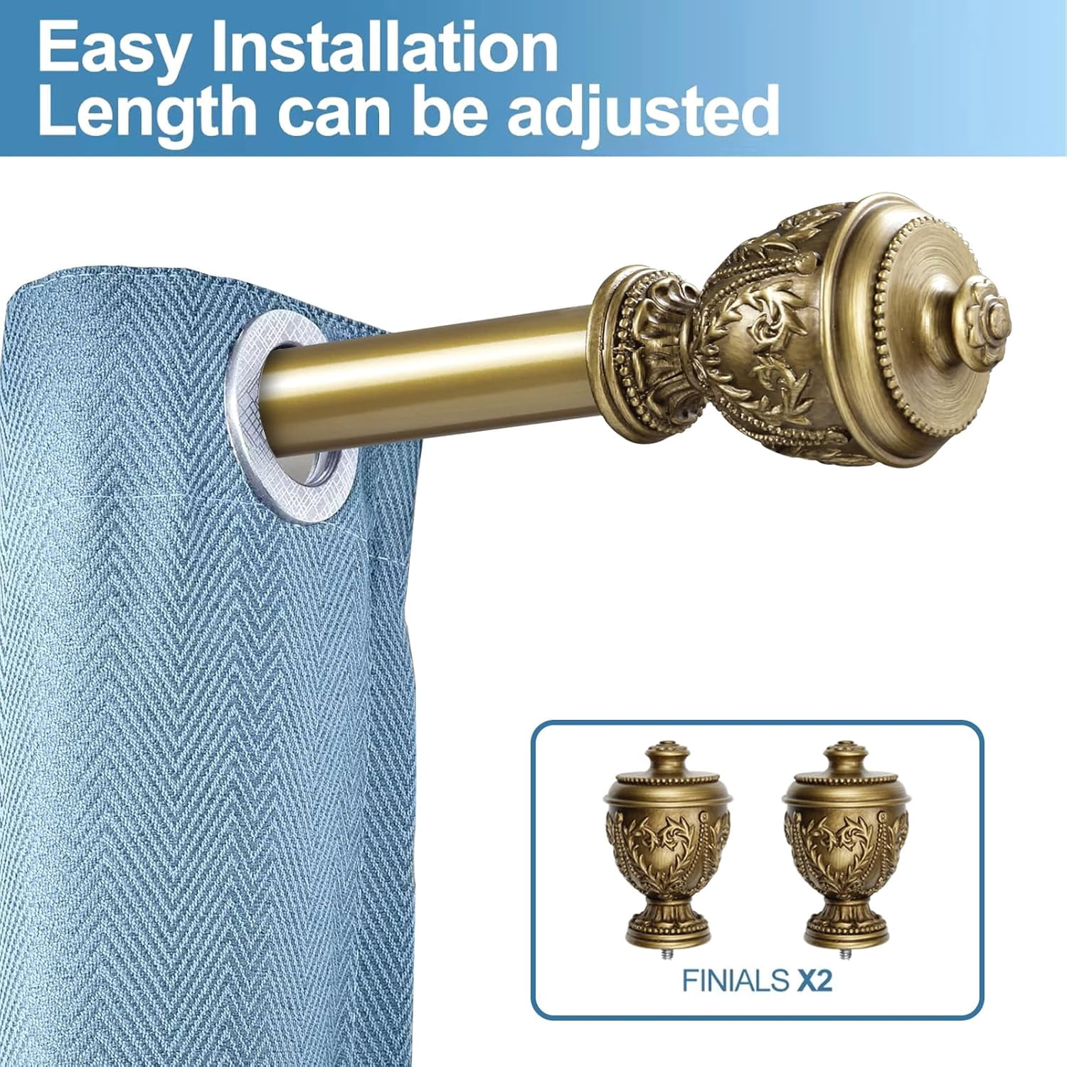Urbanest Adjustable Single Curtain Rod Set Grecian Urn Finials – 1 - Inch Diameter, With Renaissance Gold Rod, 48–84 Inches