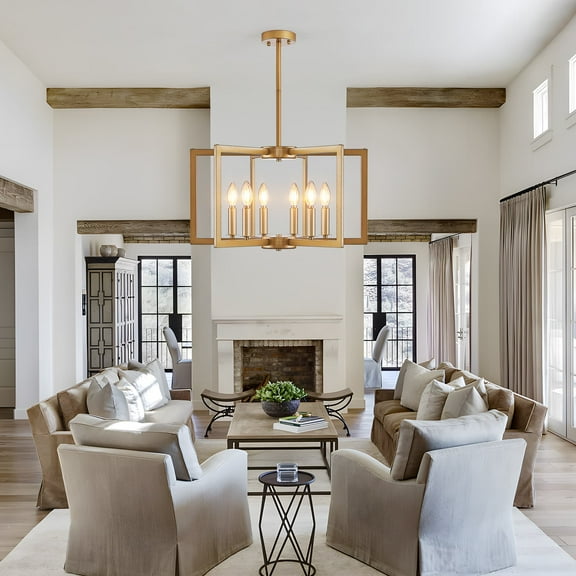 22 Inch Modern Golden Geometric 6 Light Chandelier Industrial Metal Pendant Light Fixture for Living Room Dining Room Kitchen Island Bar Entryway