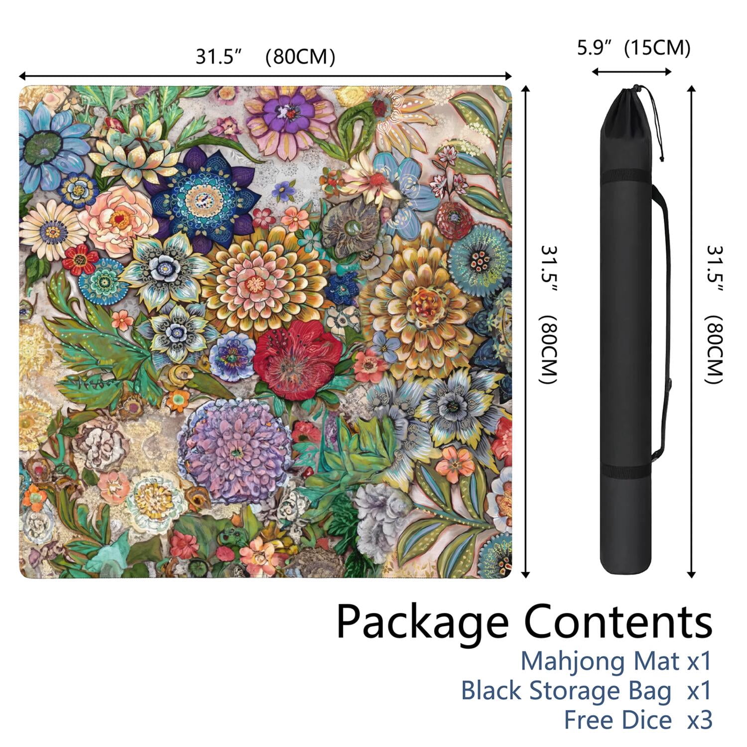 Classic Boho Pattern Extra Large Non-Slip Mahjong Mat 31.5 Inch Square Rubber Playing Pad with Quiet Design for Tiles Card Games and Board Game Nights