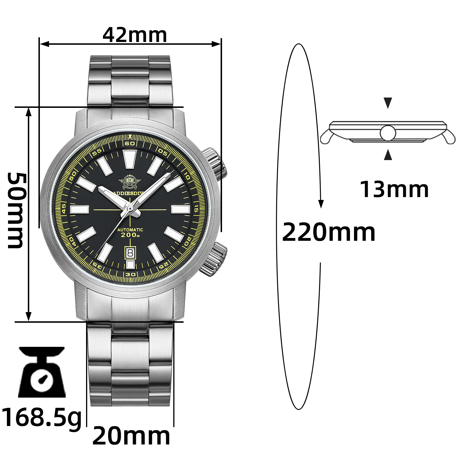ADDIESDIVE Men's Automatic Watch with Exhibition Case Back Dive Watch 200M Sapphire Crystal Stainless Steel Luminous Date Watch for Men