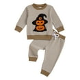 thumbnail image 4 of REgarm Halloween Outfit Toddler Baby Boy Girl Fall Winter Clothes Waffle Striped Pumpkin Sweatshirt + Jogger Pant Set,12-18 Months, 4 of 6