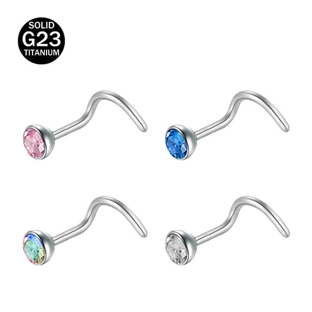 ZS 4Pcs/Set 20G G23 Titanium Nose Stud Piercing Round Crystal Nostril