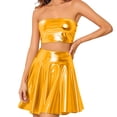 thumbnail image 4 of Alkepwun Leather Skirts for Women Lady Sexy Metallic Strapless Tube Top with Sexy Solid Color Shiny High Waisted Pleated Mini Skirt Sets for Party Club Cocktail, 4 of 8