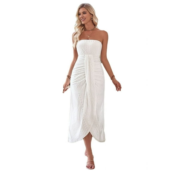 Women'S Strapless Ruched High Waist Wrap Split Asymmetrical Beach Maxi Long Dress White L