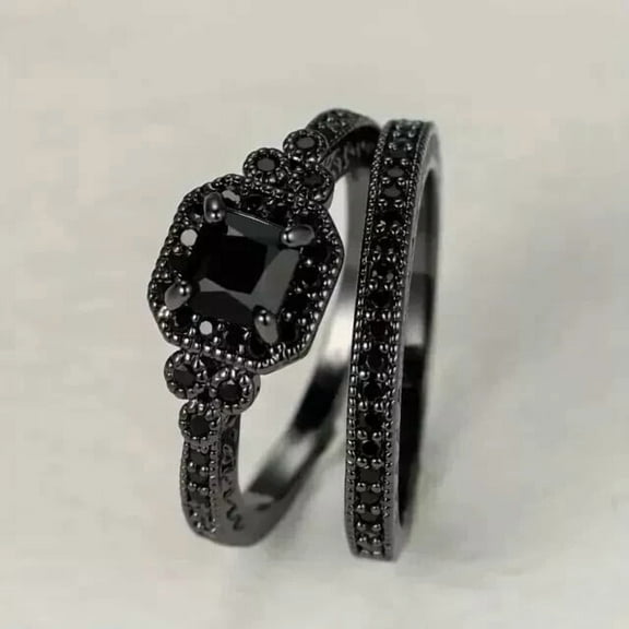 Rag Jewels 3.00 Ctw Princess Cut Black Diamond Wedding Anniversary Bridal Set Ring 14K Black Gold Plated 925 Sterling Silver 925 Sterling Silver -4
