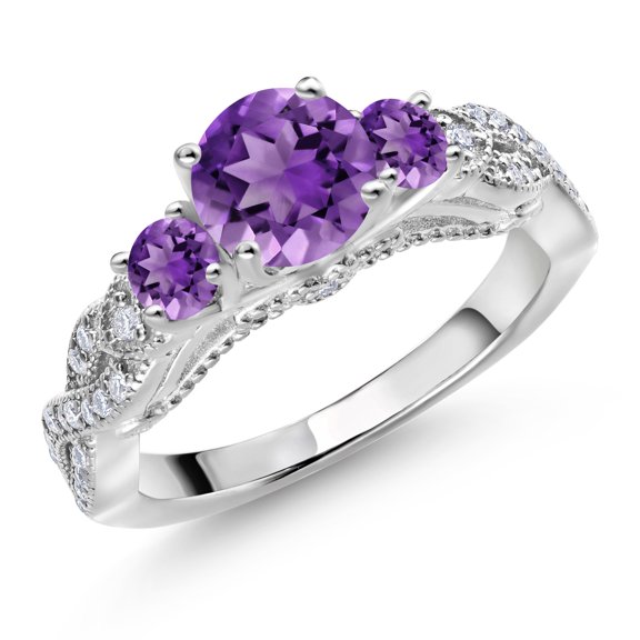 Gem Stone King 1.47 Cttw Purple Amethyst and White Moissanite Engagement Ring for Women | 925 Sterling Silver | Gemstone February Birthstone | Round 6MM and 3MM (Size 9)