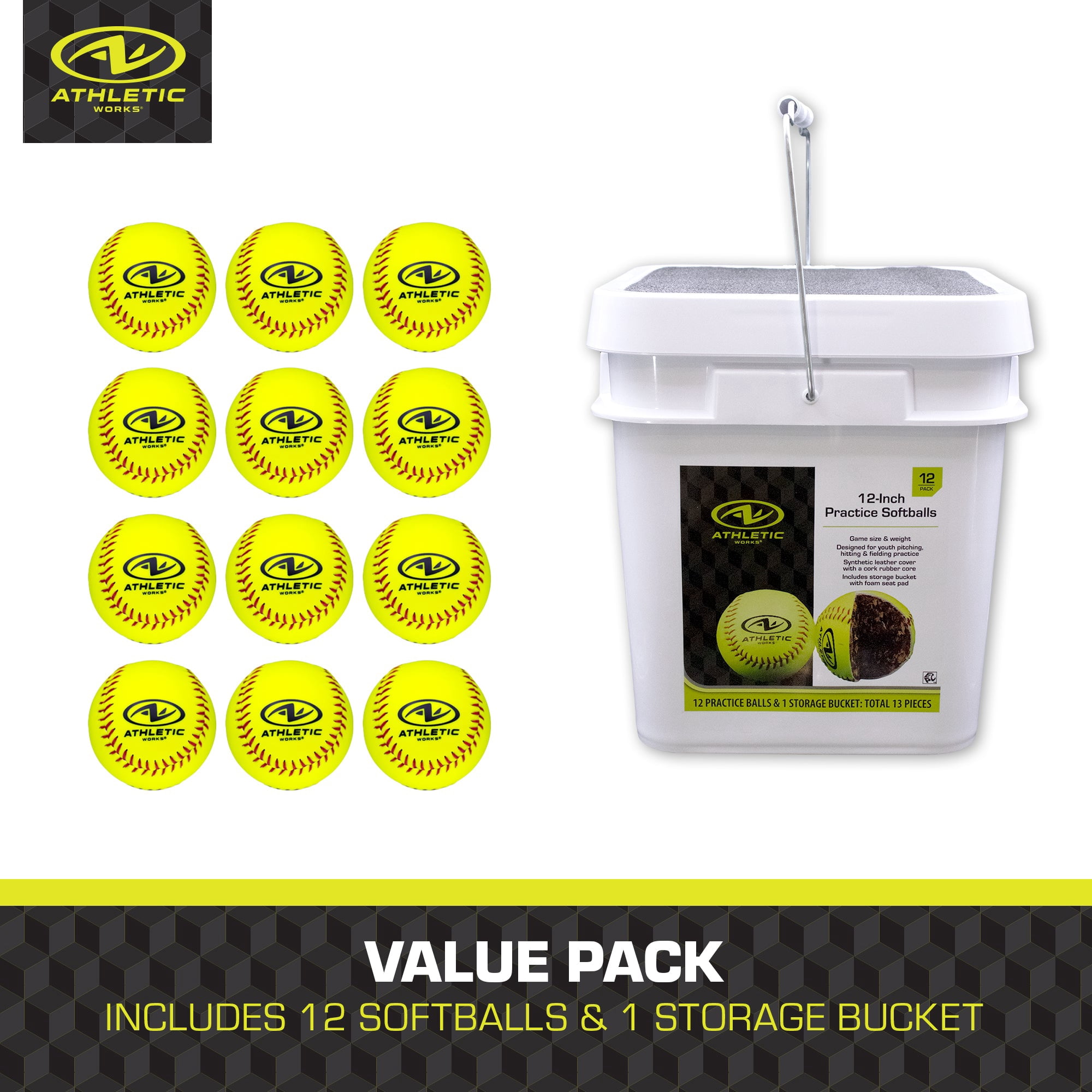 Athletic Works 12-inch Fastpitch Softball Bucket – 1 Dozen Leather Softballs in a Plastic Bucket