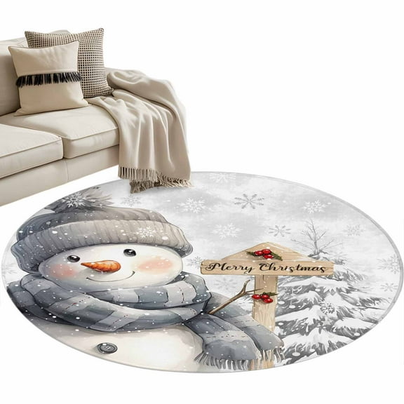 Grey Snowman Christmas Round Area Rug 3 FT, Small Kitchen Bathroom Mat, Xmas Snowflake Tree Gray Washable Indoor Outdoor Throw Runner Carpet Non-Shedding Doormat for Table Shower Sofa Entryway