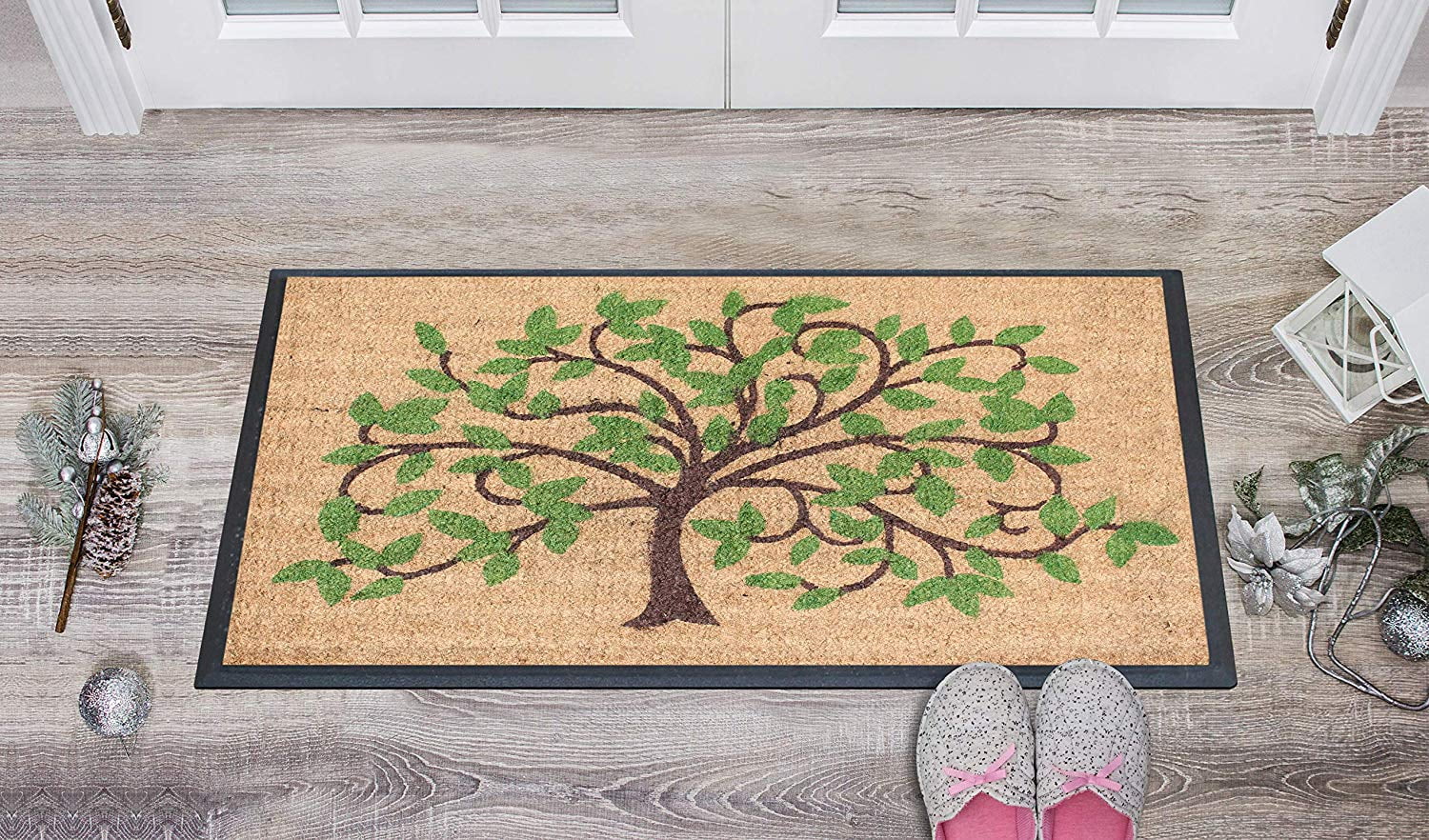 A1 Home Collections Doormat Hand-Crafted Rubber Coir Life of Tree Double Door Mat (30" X 48"), Green/Brown