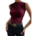 thumbnail image 3 of Women's Ruched Mock Neck Tank Top Slim Fit Work Casual Sleeveless Blouse Wine Red M, 3 of 8