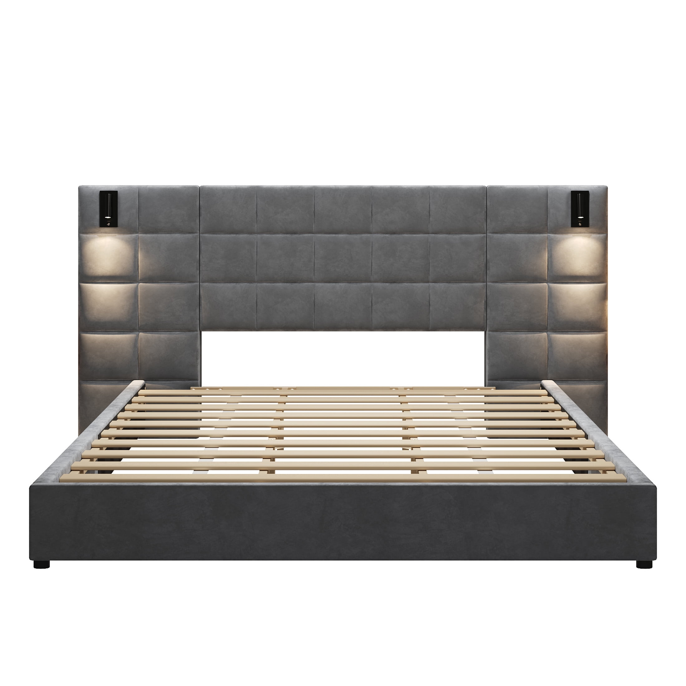 Christopher Knight Home California King Bed Frame with Velvet Upholstered, Wall Sconce, USB Port, Wide Headboard, Gray