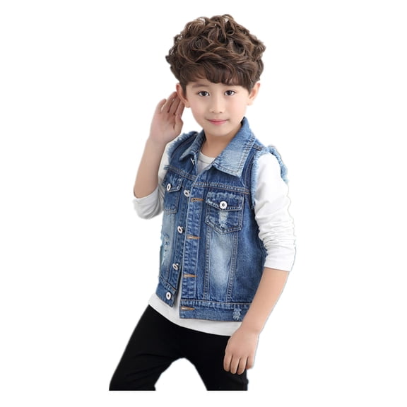 Kids Boys Girls Denim Jacket Vest Sleeveless Turn-down Waistcoat Button Closure Jean Outerwear