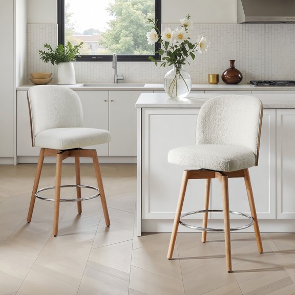 Dining Chairs Tomlin Bentwood Upholstered Swivel Counter Stool Set of 2 Off White Boucle,Dining Room Seating