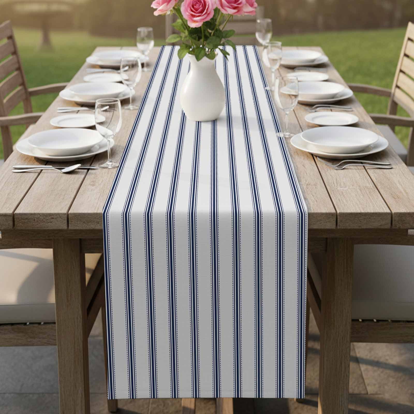 Navy Blue Striped Table Runner, Navy Blue White Stripes Farmhouse Washable Cotton Linen Table Runners 72 Inches Long, Dresser Scarf Runner for Dining/Coffee/Kitchen/TV Stands/Cabinets 13''x72''