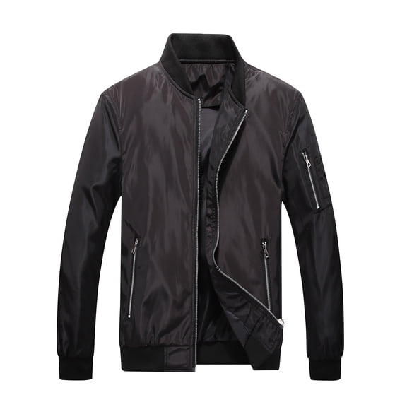 Olyvenn Start off 2024 Men's Lightweight Bomber Jacket Stand Collar Long Sleeve Full Zip Pockets Windproof Solid Color Coats Black 8