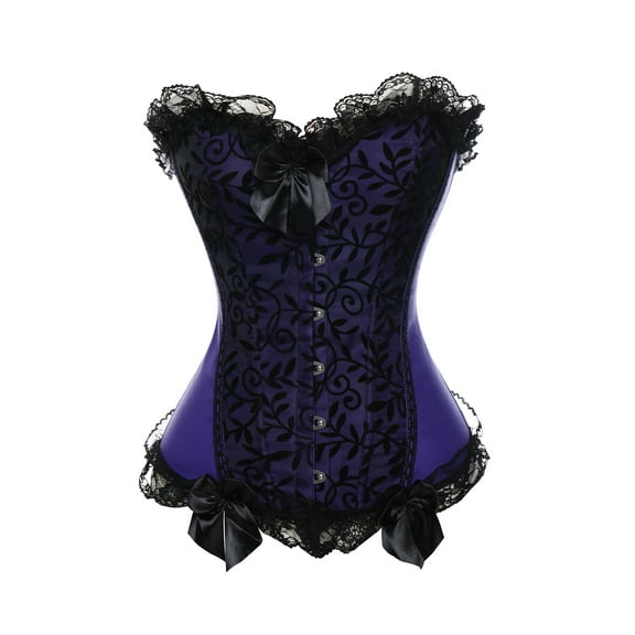 Womens Floral Purple Lace Trim Corset Overbust Waist Cincher Bustier Top Clubwear Cosplay Purple