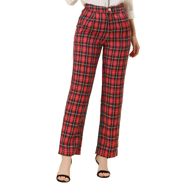 Pantalones a cuadros casuales para mujer, bolsillos, pierna recta, trabajo, oficina, pantalones negro rojo L