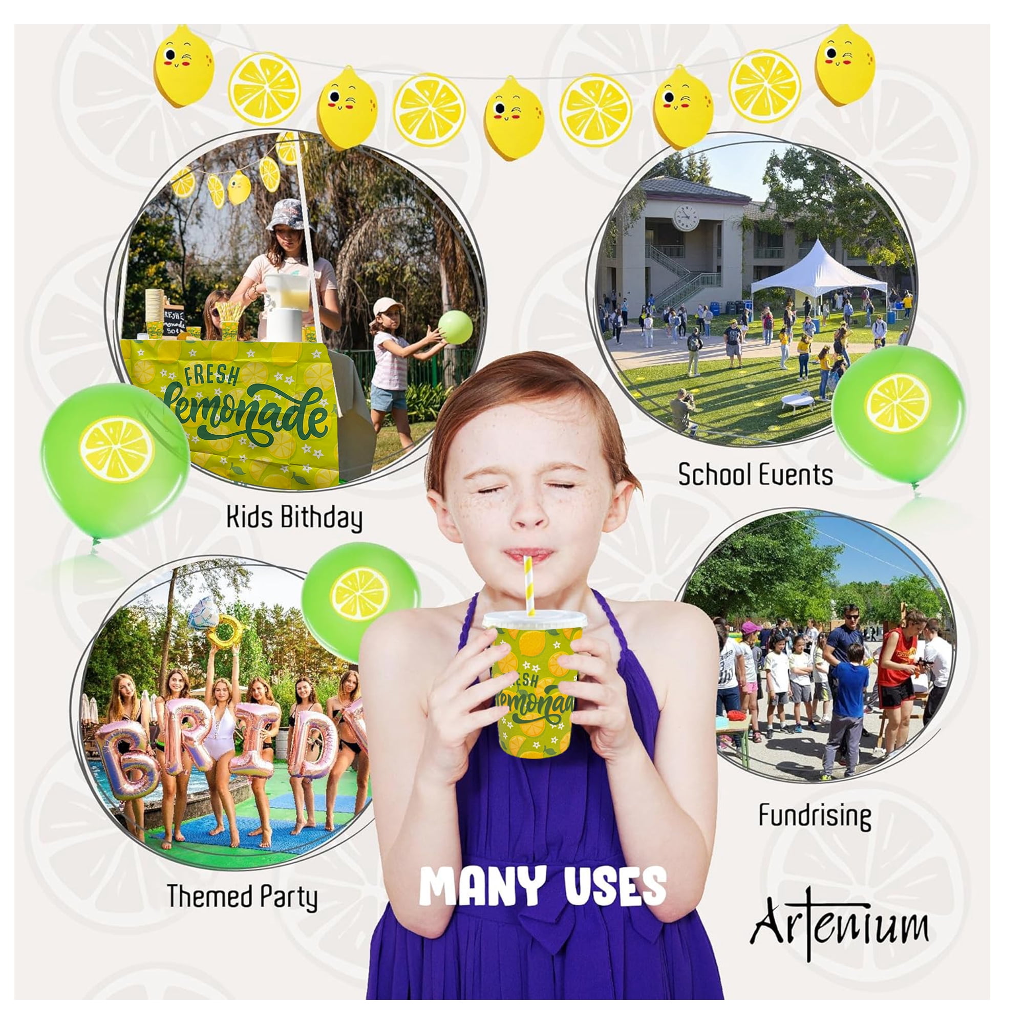 Green Fresh Lemonade Stand Supplies, Lemonade Stand Kit, Includes 3.5L Drink Dispenser, Lemonade Cups, Paper Straws, Garland, Latex Balloons, Board, Fresh Lemonade Banner (Stand NOT Included)