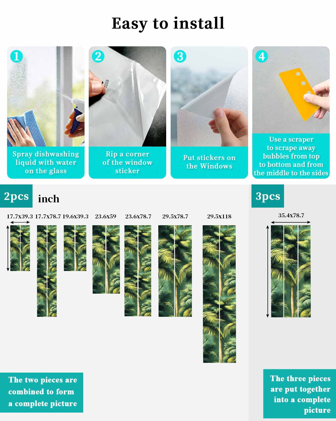 Window Privacy Film Summer Palm Tree Stained Glass Window Film Decorative Sun Block Window Cover Nature Green Tropical Plant Leaves Window Clings Static Adhesive Sticker for Bathroom 23.6"x59"