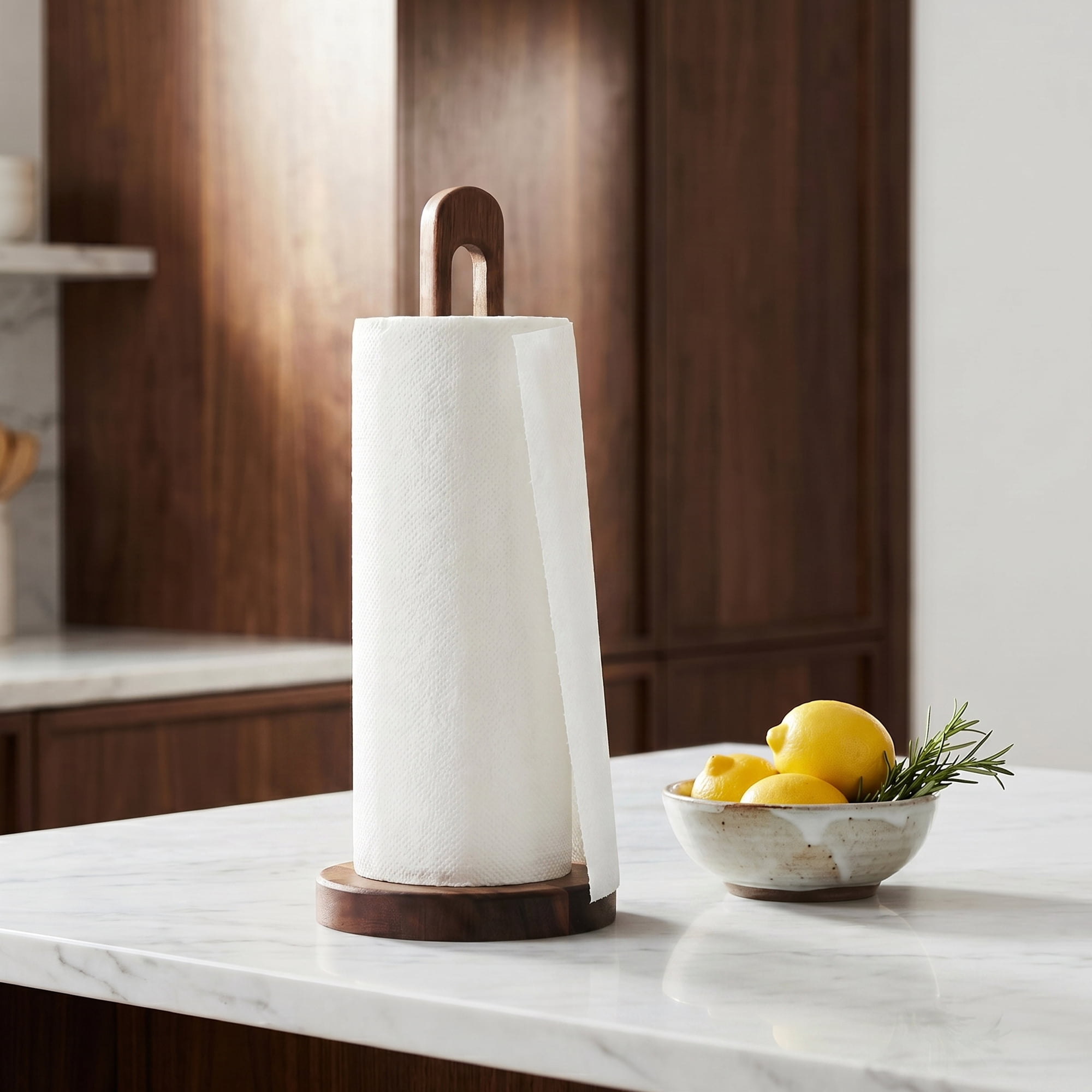 Unique Bargains Paper Towel Holder Countertop Modern Base Wood Dark brown 11.4x5.1inch