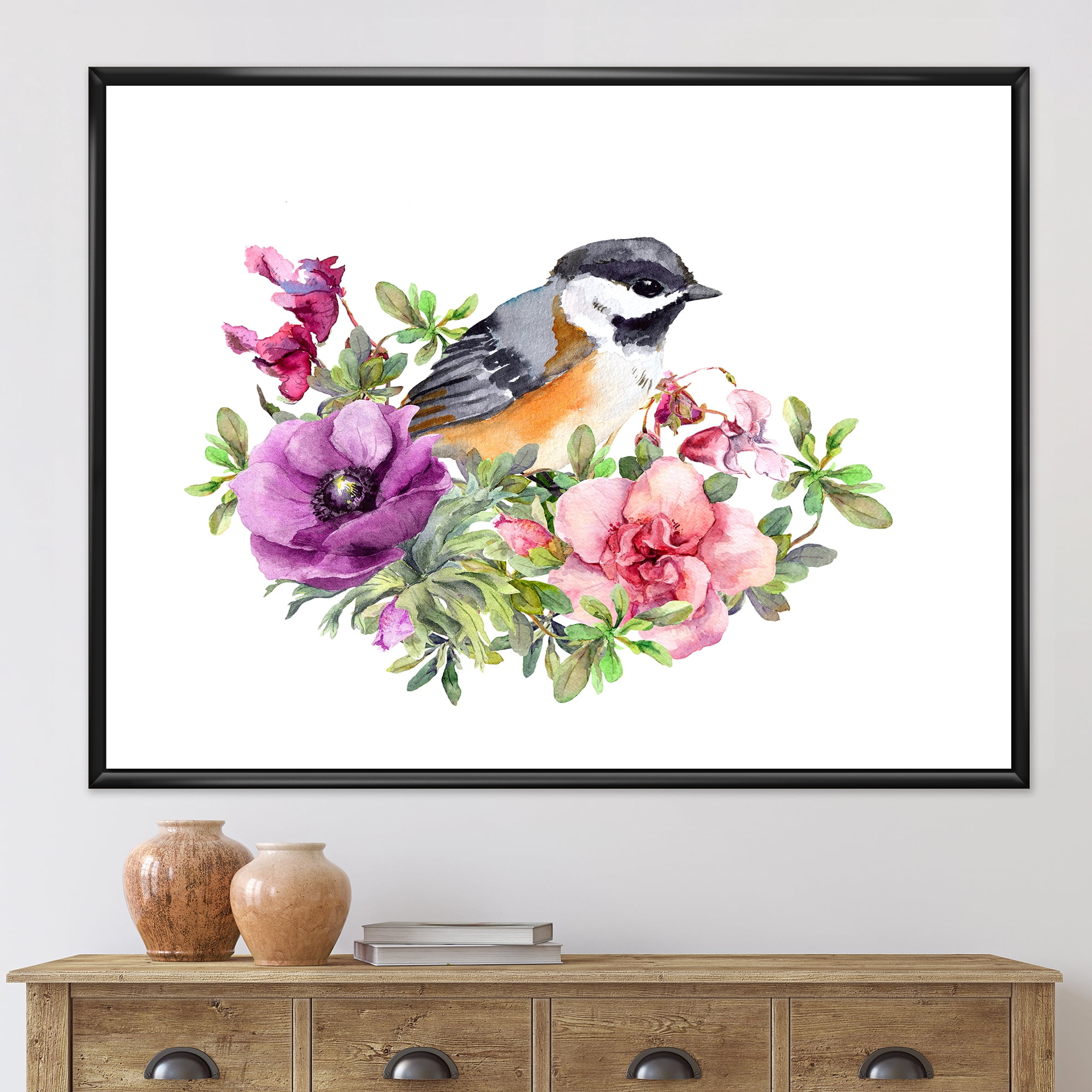 Designart 'Cute Bird In Purple and Pink Flowers' Traditional Framed Canvas Wall Art Print