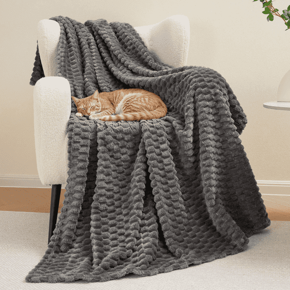 MARNUR Flannel Throw Blanket for Couch, Waffle Jacquard Throw Blanket for Bed, Soft, Warm, Lightweight, 50"x70", Gray