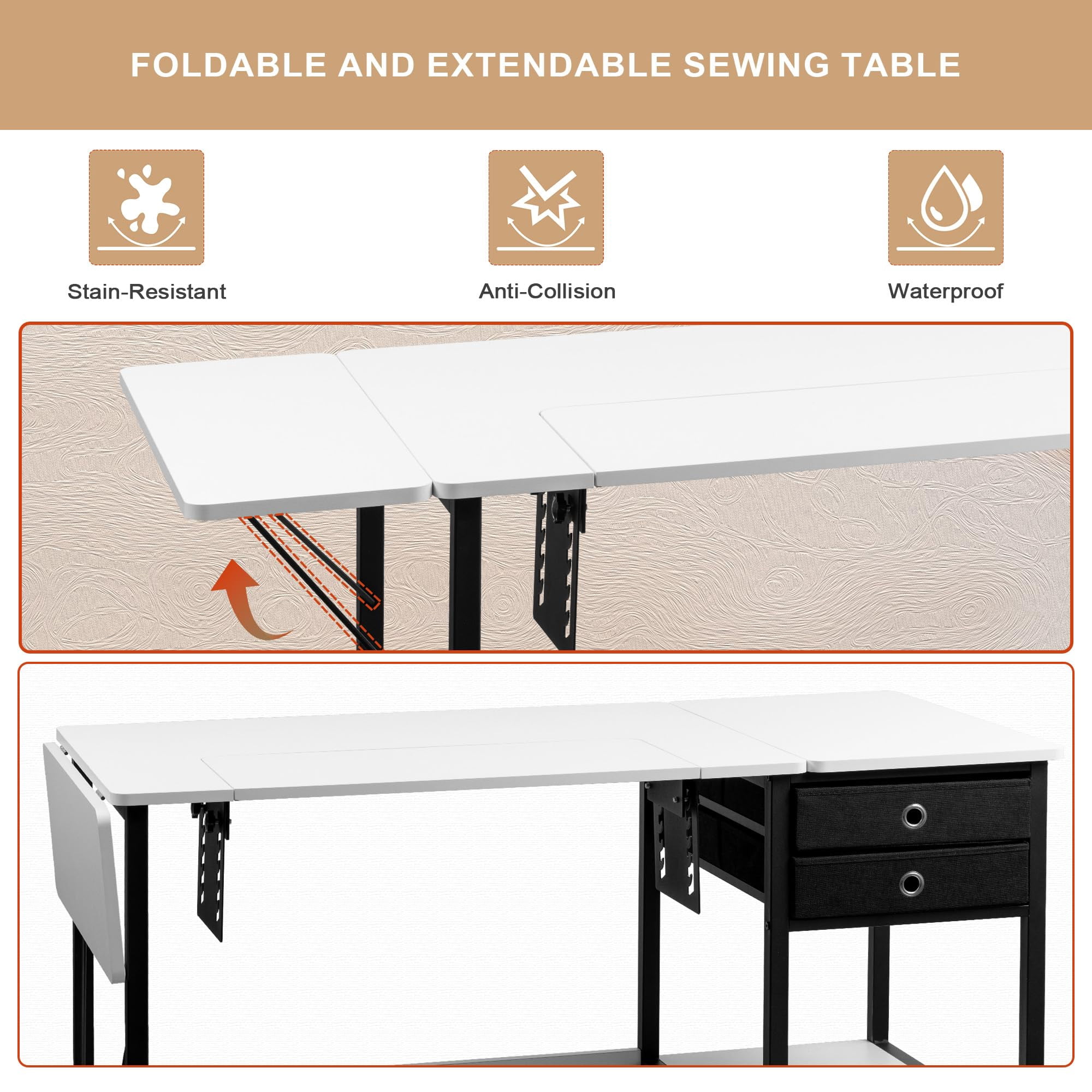 Vividwood Foldable Sewing Machine Table, Multipurpose Sewing Table with Adjustable Platform, Storage Shelf and 2 Cloth Drawers (Warm White)