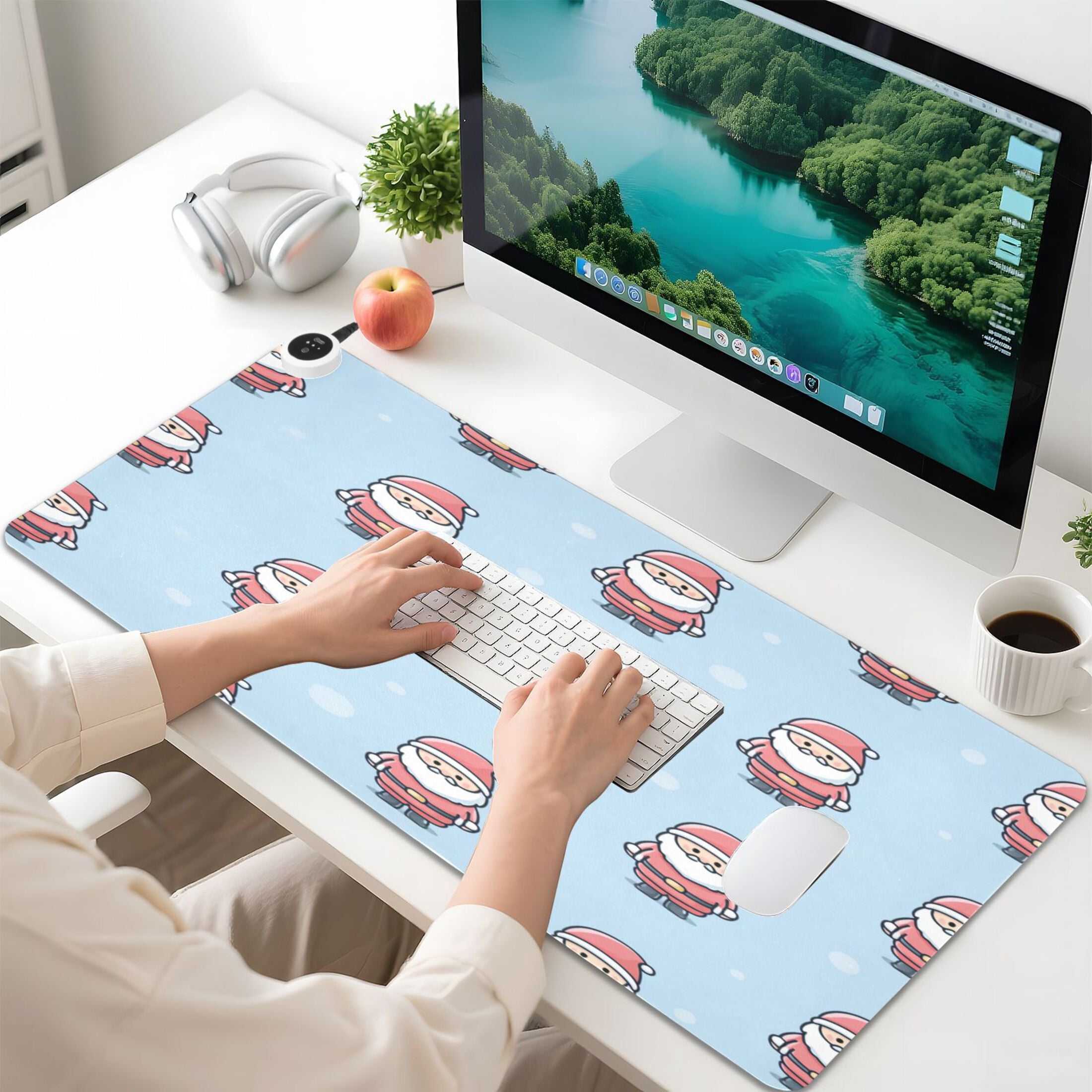Large Heated Desk Mat Mouse Pad 31.5"x13"PU Leather Graphene Heating Desk Warmer with 3 Temperature Settings 110V US Plug Non-Slip Warm Pad for Home, Office, and Gaming Cute Santa Claus Guard