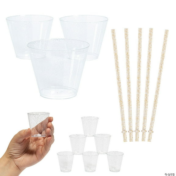 Silver Glitter Straw, Shot Glass & Cup Kit - 148 Pieces