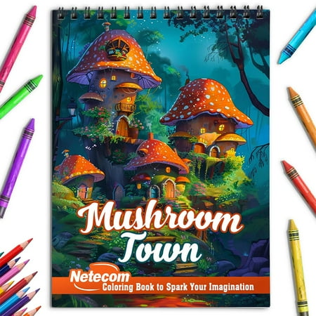 Netecom Mushroom Town Coloring Book for Adults Spiral Bound Soft Cover