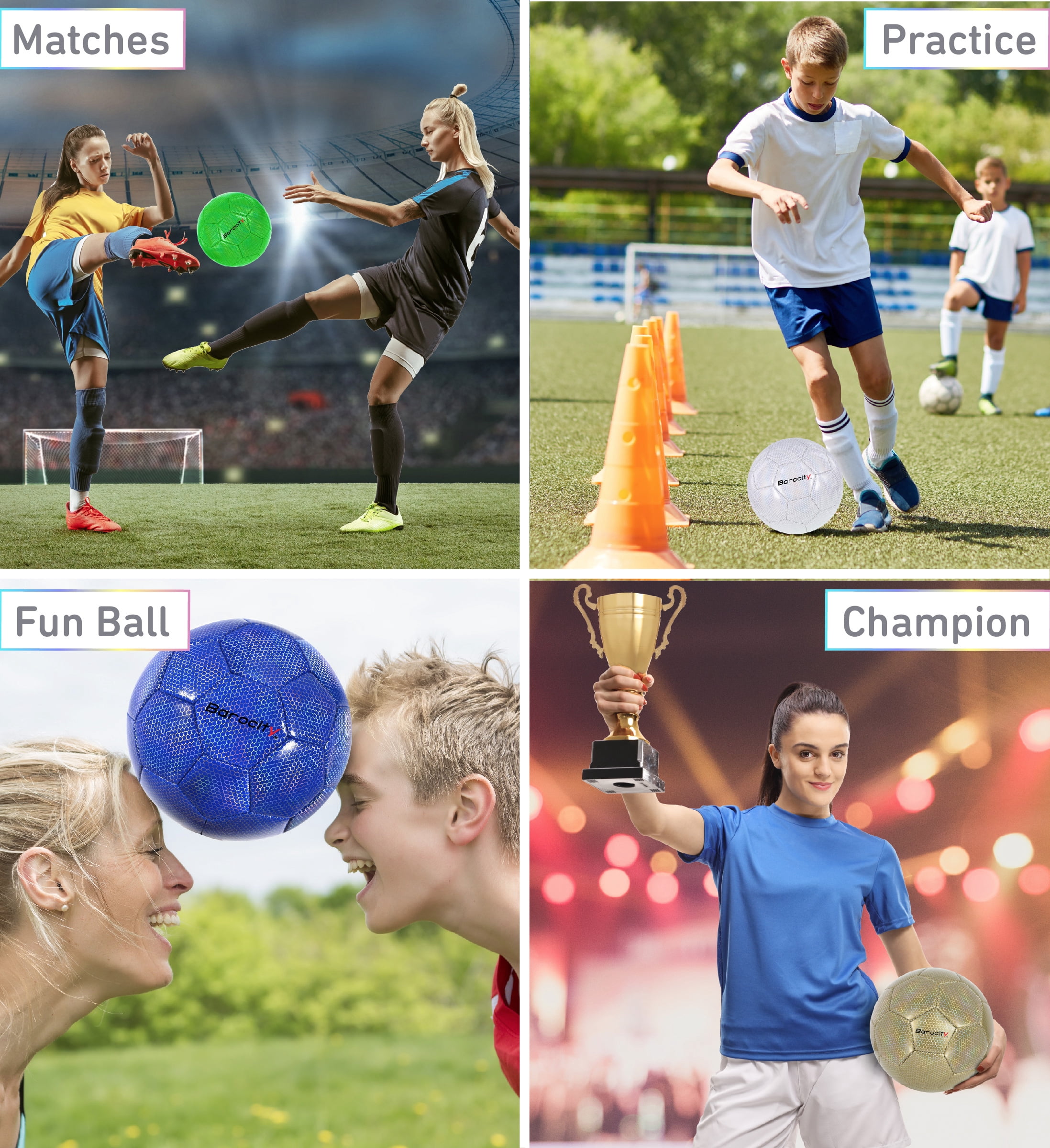 Barocity Iridescent Soccer Balls Set of 4 - Gold, Blue, White, and Green Official Match Ball with Reflective Hex Pattern, Sport Soccer Balls for Indoor and Outdoor Training and Practice Games- Size 4