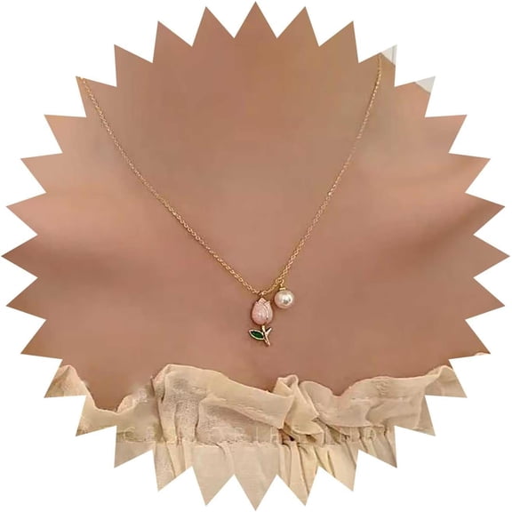 Boho Tulip Flower Pendent Necklace Pearl Flower Necklace Pink Tulip Necklace Tulip Bulbs Necklace Enamel Floral Necklace Jewelry for Women