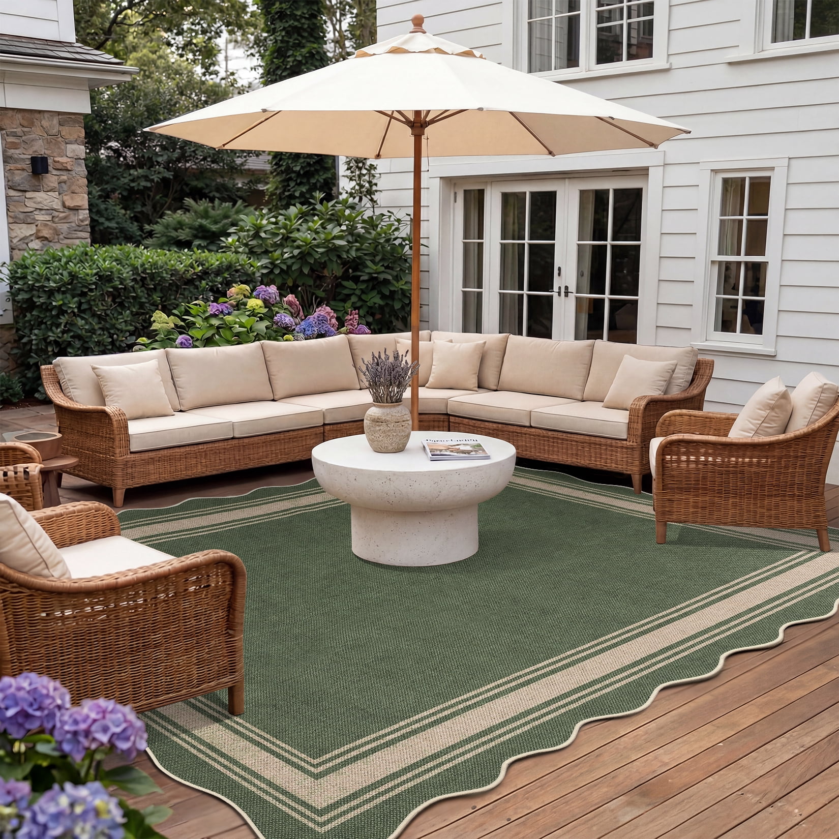 Nanan Scalloped Area Rug 9'x12' Edge Jute Rug, Washable Non Slip Low Pile Indoor Outdoor Rug Farmhouse Carpet for Living Room Dining Room Patio Entryway, Green