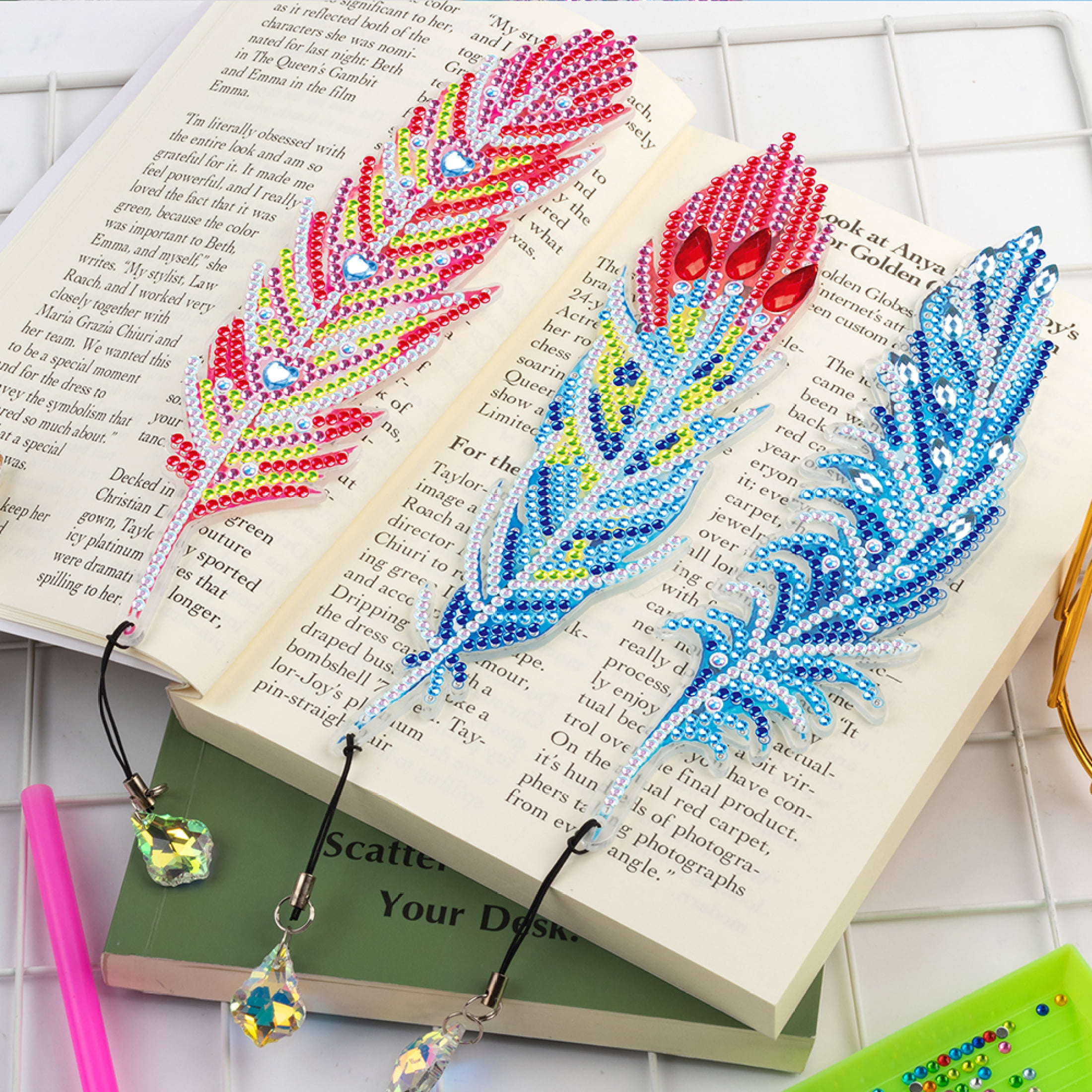 2PCS Diamond Art Bookmarks Pendant Phoenix Feather Diamond DIY Painting  Bookmark-1020849