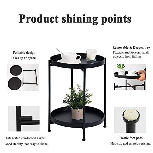 Black Tray Metal End Table Side Table Round Tray Removable Tray Outdoor & Indoor Drink Snack Coffee Table Telephone Table 2 Plates