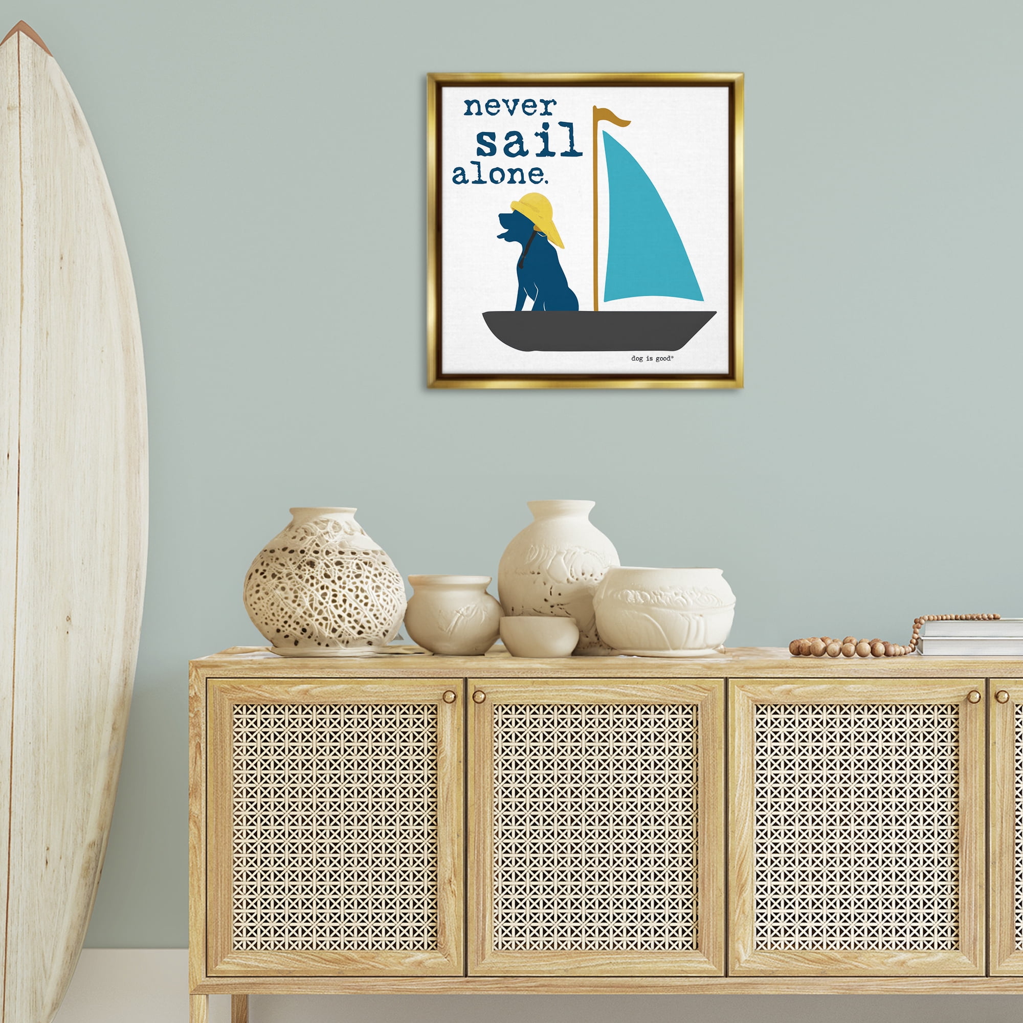 Stupell Industries Never Sail Alone Dog Animals Painting Gold Floater Framed Canvas Art Print Wall Art, 25 x 25