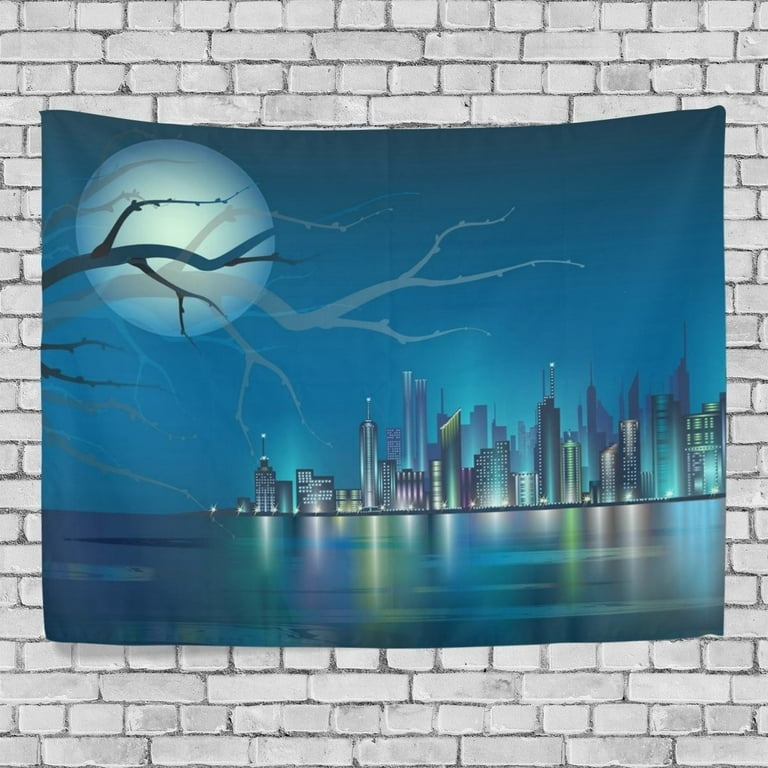 POPCreation Wall Tapestry Night City Blue Bling Light Dorm Throw Bedroom Living Room Home Decor Tapestry Wall Hanging 51x60 inches