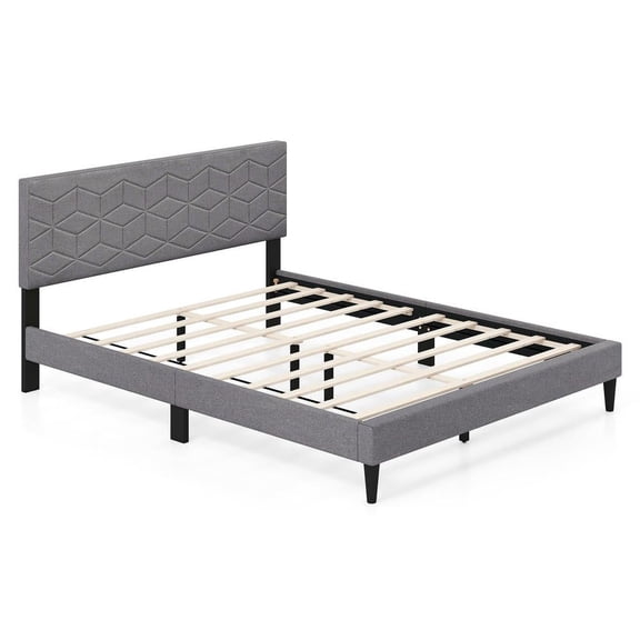 Resenkos Queen Size Modern Platform Bed with Linen Upholstered Headboard, Offers a Soft Fabric Headboard and Sturdy Slat Support System, Gray