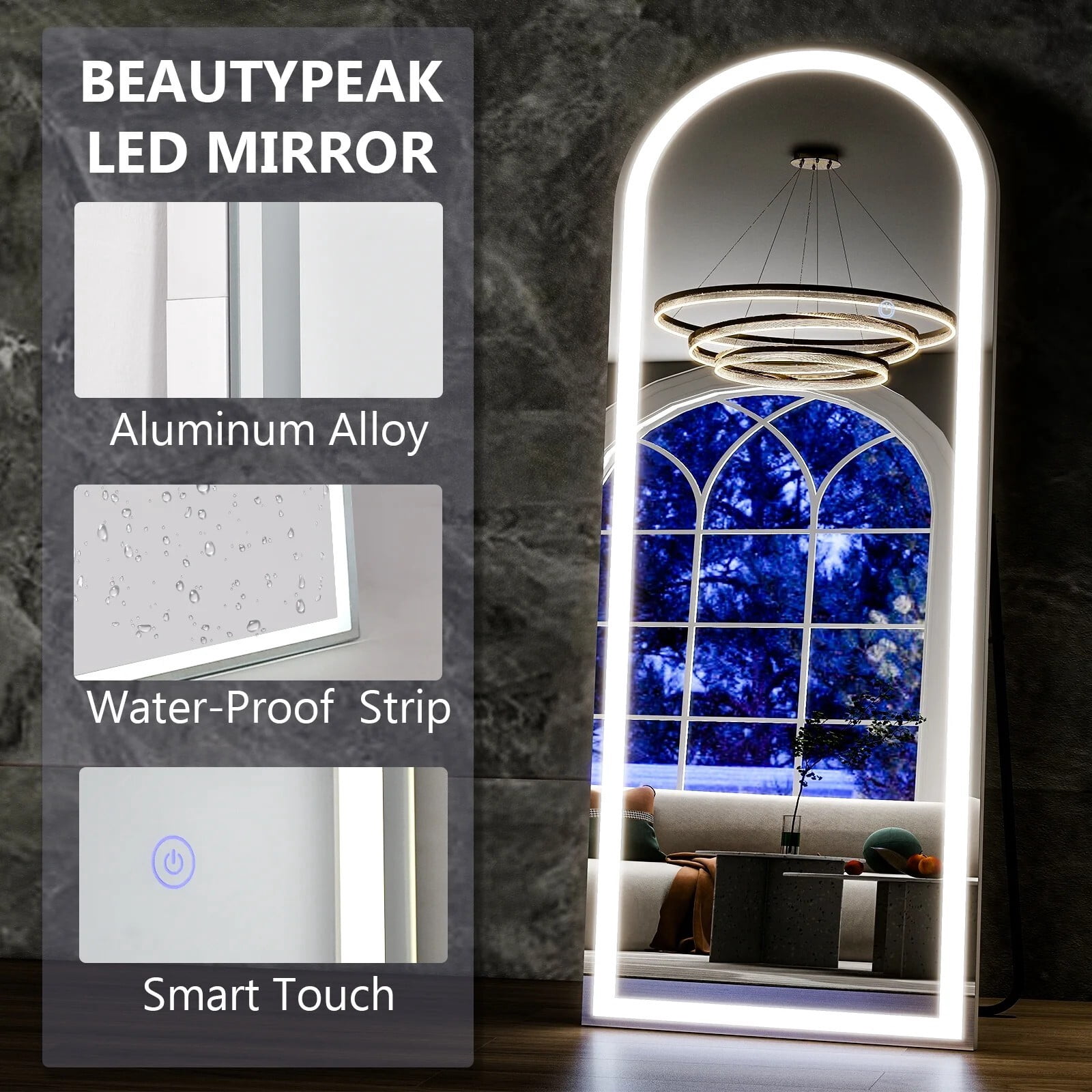 BEAUTYPEAK 68"x26" LED Arched Full Length Mirror Freestanding Full Body Mirror