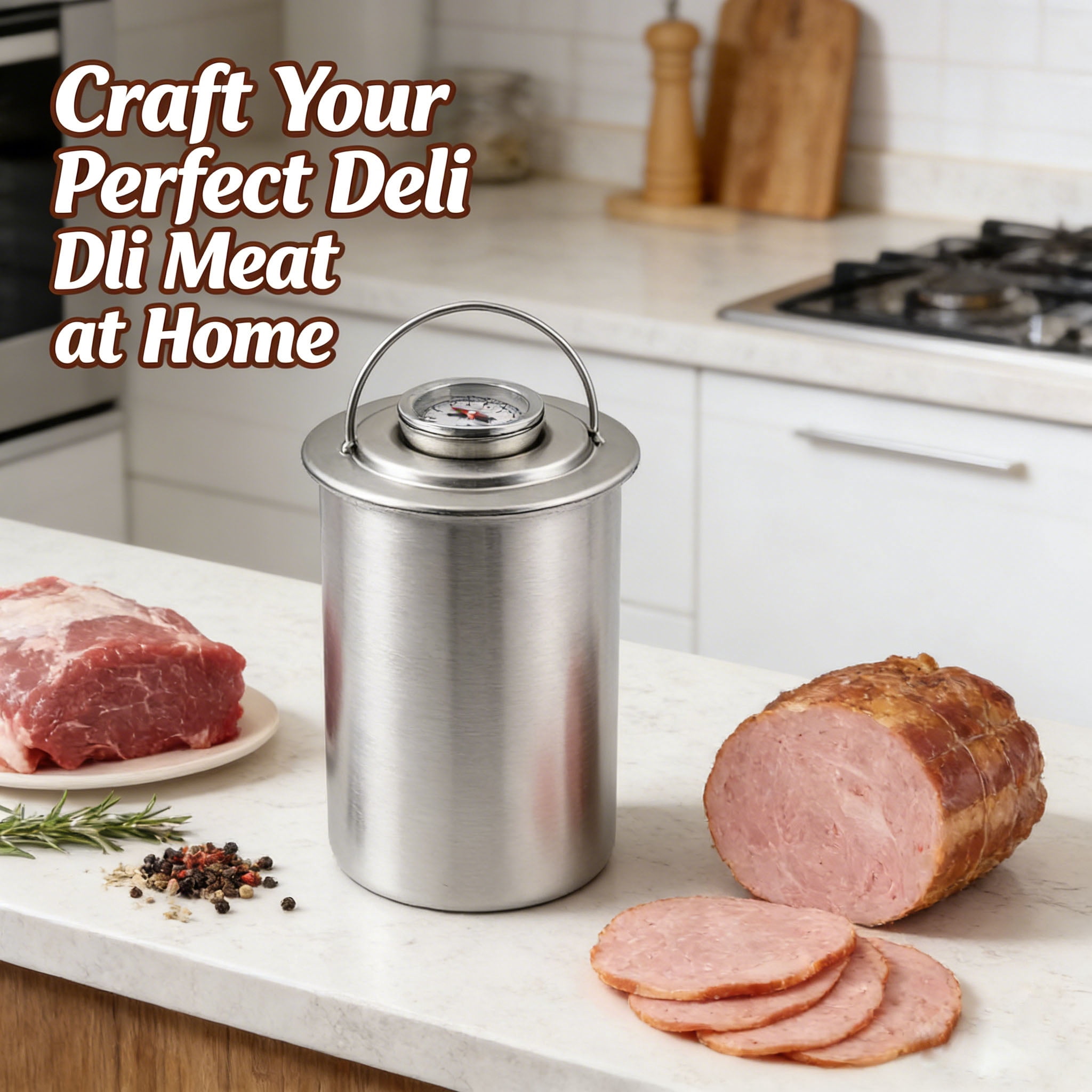 KLYZONIC Deli Meat Press, Stainless Steel Home Butcher Tool with Built-in Thermometer for Ham, Sandwiches, Roasts, Roulades