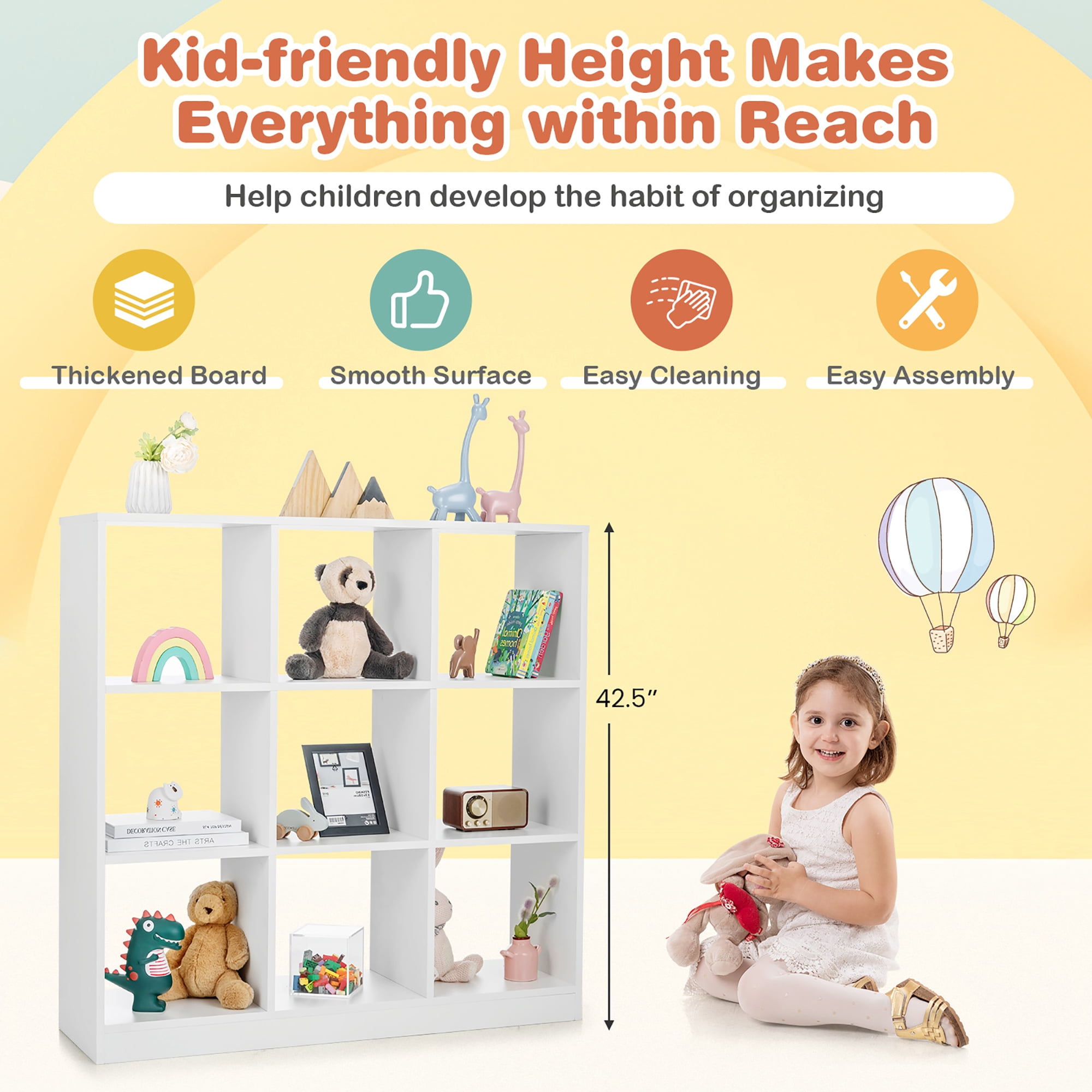 Costway Kids Toy Storage Organizer 9-Cube Kids Bookcase for Books Toys Ornaments